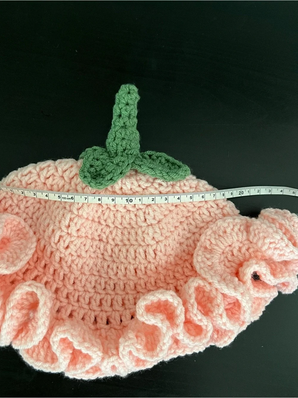 Handmade Pink Crochet Kids Hat with Green Stem